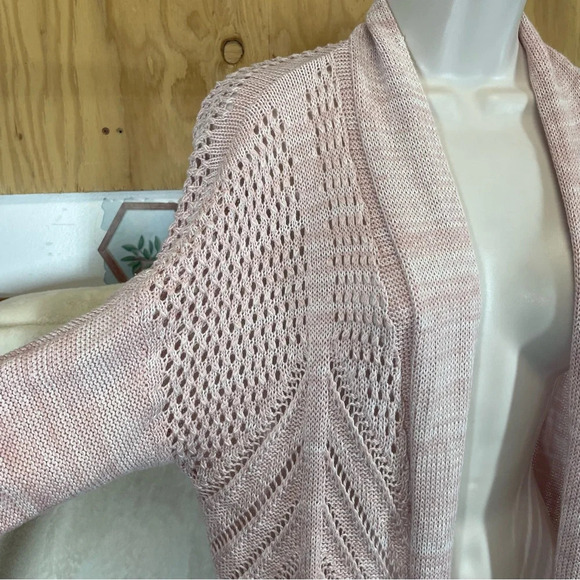 Leo & Nicole Marled Rib Trim Pointelle Cardigan pink women’s large open front - Picture 8 of 10